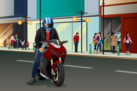 A vector illustration of biker riding his motorbike in cityのイラスト素材