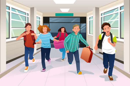 A vector illustration of happy student running in school hallway togetherのイラスト素材