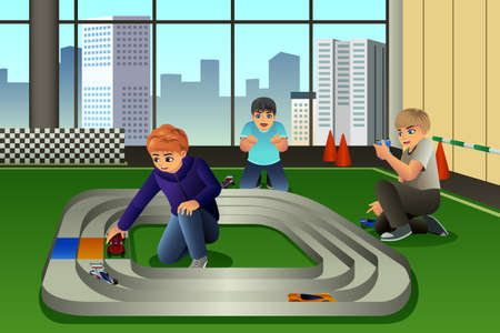 A vector illustration of happy kids playing to cars racing togetherのイラスト素材