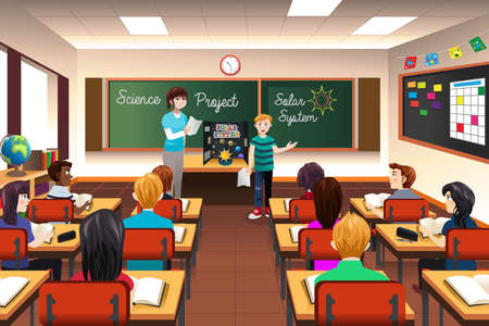 A vector illustration of student having science project presentationのイラスト素材