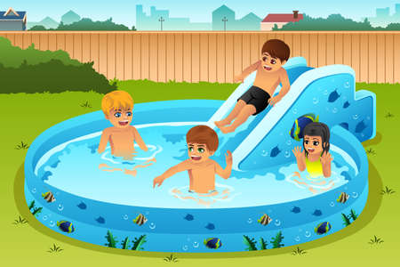 A vector illustration of children playing in inflatable pool in backyardのイラスト素材