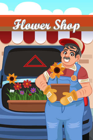 A vector illustration of man loading flower into vanのイラスト素材