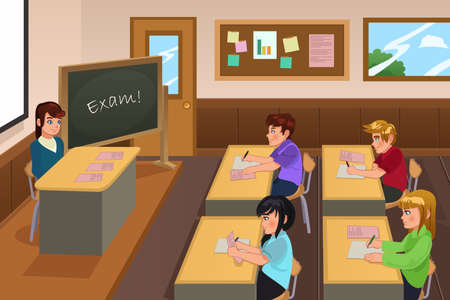 A vector illustration of students taking a exam in a classのイラスト素材