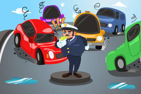 A vector illustration of police officer directs traffic on a busy cityのイラスト素材
