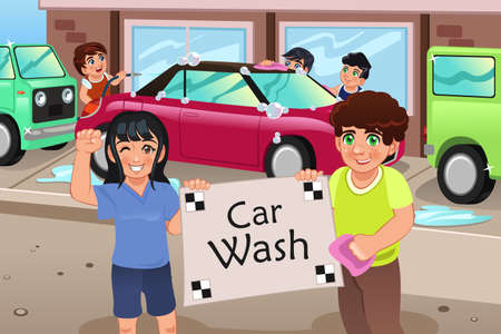 A vector illustration of kids holding a car wash posterのイラスト素材