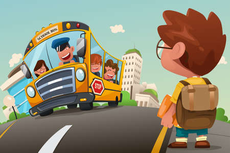 A vector illustration of cute kid waiting at a bus stop