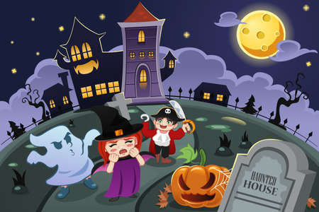 A vector illustration of kids wearing Halloween costumes in front of haunted houseのイラスト素材