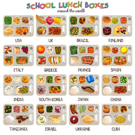 A vector illustration of school lunch boxes around the worldのイラスト素材