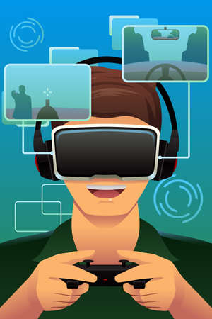 A vector illustration of man playing with virtual reality headsetのイラスト素材