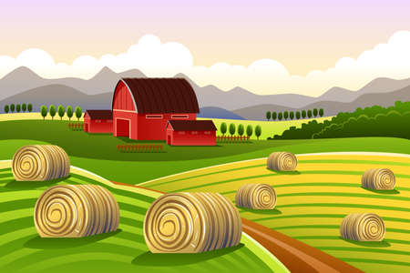 A vector illustration of farm scene with rolled haysのイラスト素材