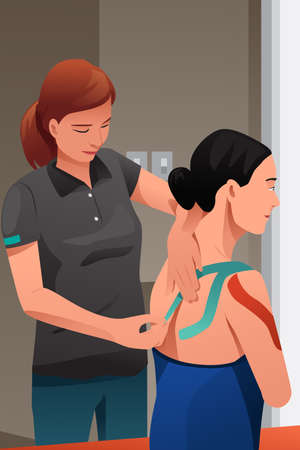 A vector illustration of physical therapist massage injured shoulder with kinesiotapingのイラスト素材