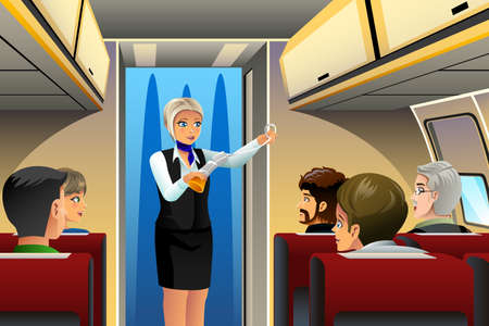 A vector illustration of flight attendant doing safety demonstration before taking offのイラスト素材