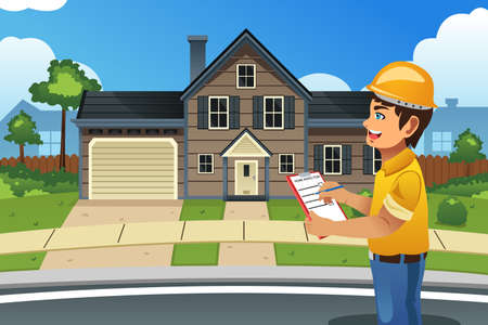A vector illustration of home inspector in front of a houseのイラスト素材