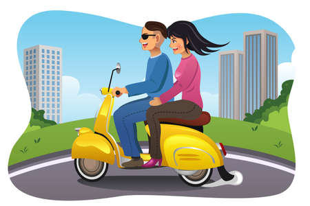 A vector illustration of couple riding a motorcycle in the cityのイラスト素材