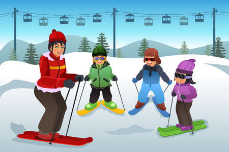 A vector illustration of ski instructor teaching children how to skiのイラスト素材