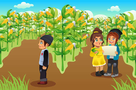 A vector illustration of happy kids on a corn fieldのイラスト素材