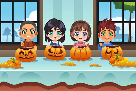 A vector illustration of kids carving pumpkin together at homeのイラスト素材