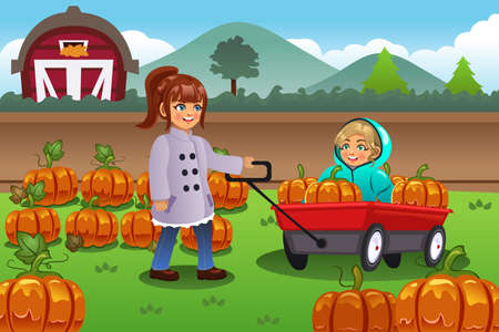 A vector illustration of kids on a pumpkin patch trip in autumn or fall seasonのイラスト素材