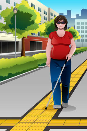 A vector illustration of blind woman walking on sidewalkのイラスト素材
