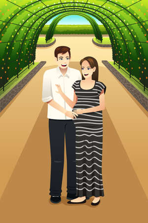 A vector illustration of happy pregnant couple walking in the city parkのイラスト素材
