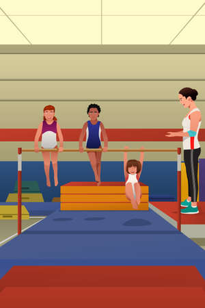 A vector illustration of little girls playing and hanging on horizontal bar by gymnastic equipmentのイラスト素材