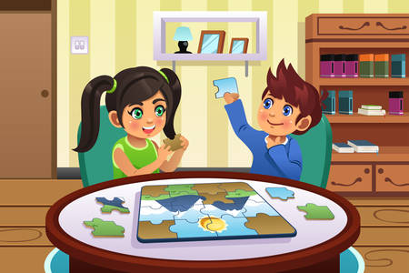 A vector illustration of happy kids solving puzzles togetherのイラスト素材