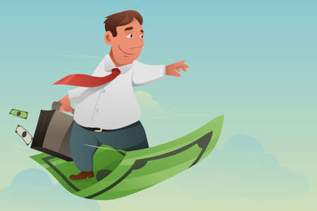 A vector illustration of businessman flying off money carpet for financial conceptのイラスト素材