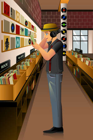 A vector illustration of man listening vintage record in the vinyl storeのイラスト素材