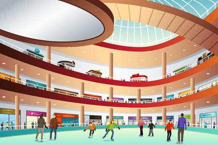 A vector illustration of people ice skating in an indoor mallのイラスト素材