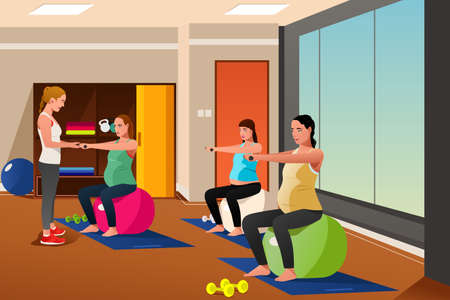 A vector illustration of pregnant women with exercise balls in gymのイラスト素材