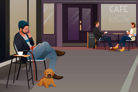 A vector illustration of a man sitting in an outdoor cafe with his dog talking on the phoneのイラスト素材