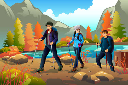 A vector illustration of young people going hiking outdoorsのイラスト素材