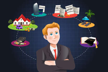 A vector illustration of a man thinking about future financial planのイラスト素材