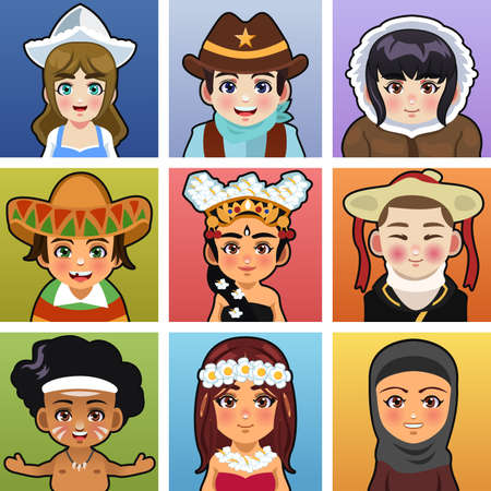 A vector illustration of children from different parts of the world wearing traditional clothingのイラスト素材