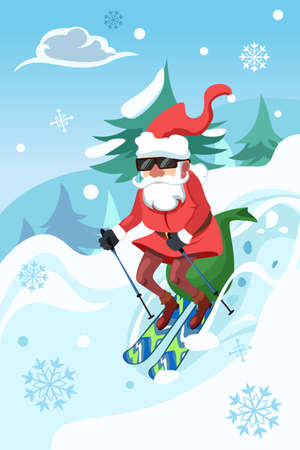 A vector illustration of Santa Claus riding a snowboard delivering toysのイラスト素材