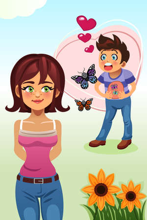 A vector illustration of a young couple for butterflies in the stomach conceptのイラスト素材