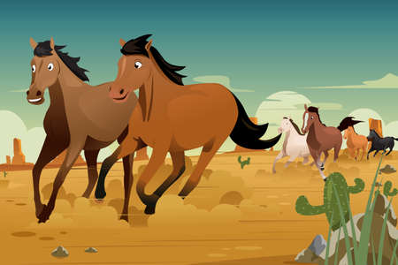 A vector illustration of Wild Horses Running on the Desertのイラスト素材