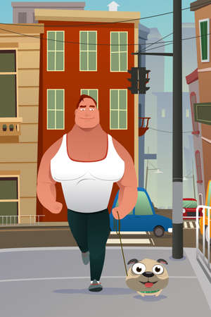 A vector illustration of big muscular man walking a small dogのイラスト素材