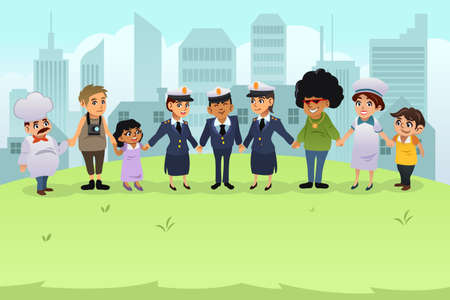 A vector illustration of policeman and policewomen holding hands with regular citizensのイラスト素材