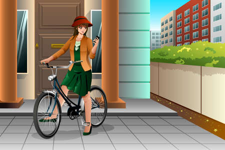 A vector illustration of a woman looking at her phone while riding a bikeのイラスト素材