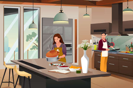 A vector illustration of a Couple Preparing For Thanksgiving Dinner in the Kitchenのイラスト素材