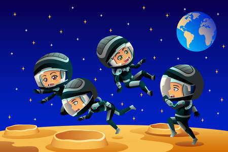 A vector illustration of Kids Wearing Astronaut Outfit On The Moonのイラスト素材