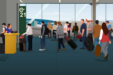 A vector illustration of Plane Passengers Boarding the Plane on the Departure Gateのイラスト素材