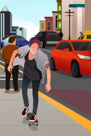 A vector illustration of a Stylish Old Man Skateboarding on the Roadのイラスト素材