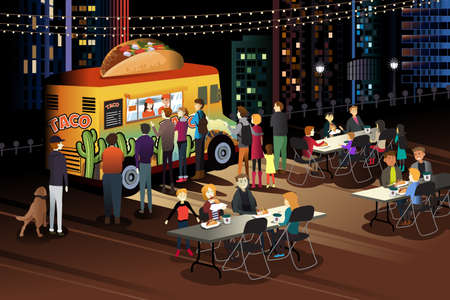 A vector illustration of People Eating Taco at Taco Truck at Nightのイラスト素材