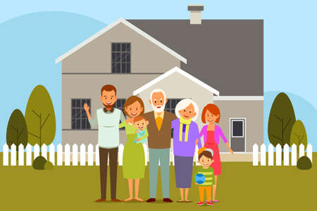 A vector illustration of Multi Generation Family in Front of a Houseのイラスト素材