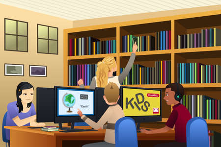 A vector illustration of School Kids Using Computers in the Libraryのイラスト素材