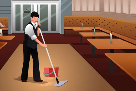 A vector illustration of Restaurant Worker Cleaning Restaurant After Closingのイラスト素材