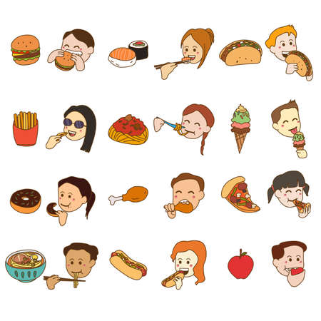 A vector illustration of Icon Set of People Eating and Foodのイラスト素材