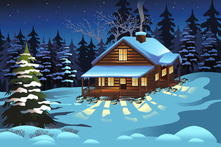 A vector illustration of Cabin in the Woods During Winter Seasonのイラスト素材